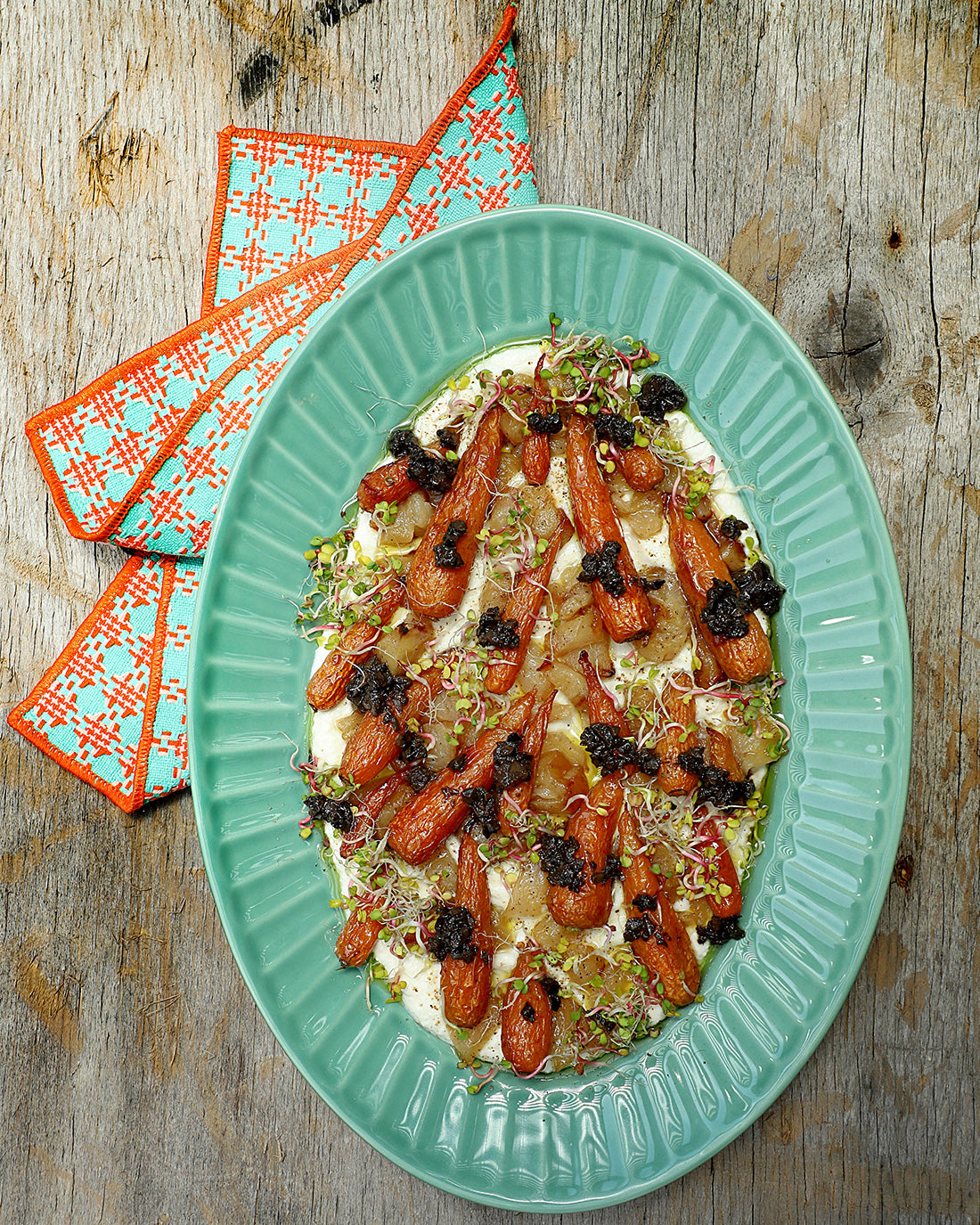 Zanahorias y manzanas asadas con ricotta y Tapenade Trufado