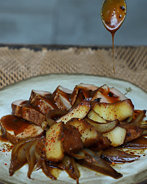 Filete de cerdo marinado con manzanas y Salsa Toffee Trufado